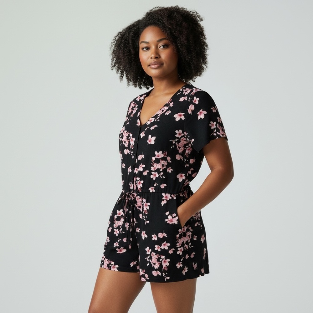b.young - Pink/Black Floral Romper - Size 6